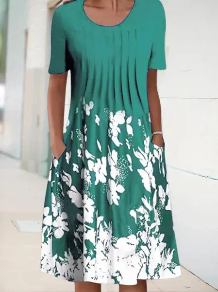 Floral Crew Neck Vacation Casual Midi Dresses