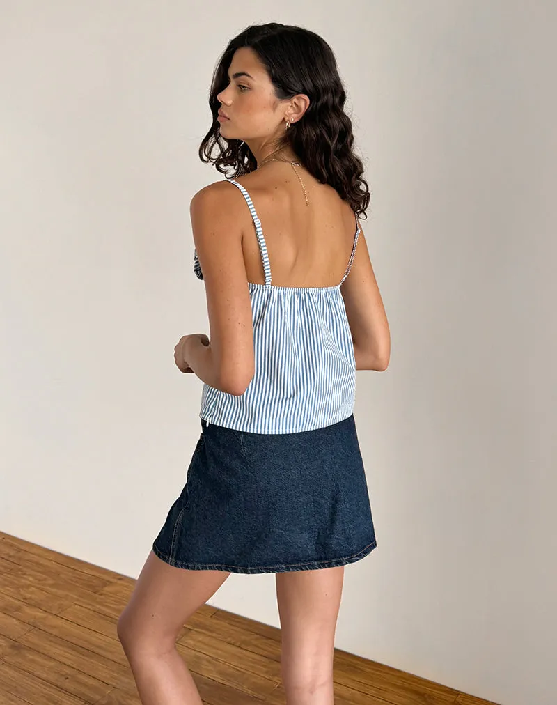 Flowa Top in Blue Small Vertical Stripe with Rosette