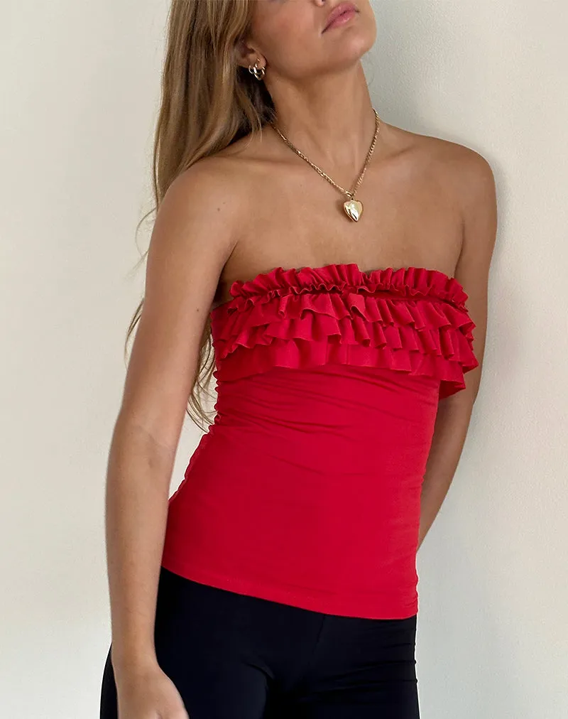 Fortuna Ruffle Bandeau Top in Slinky Red