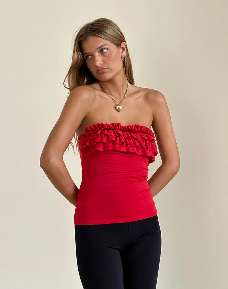 Fortuna Ruffle Bandeau Top in Slinky Red