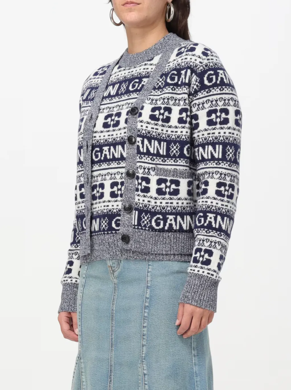 GANNI K2093 BLUE LOGO WOOL CARDIGAN