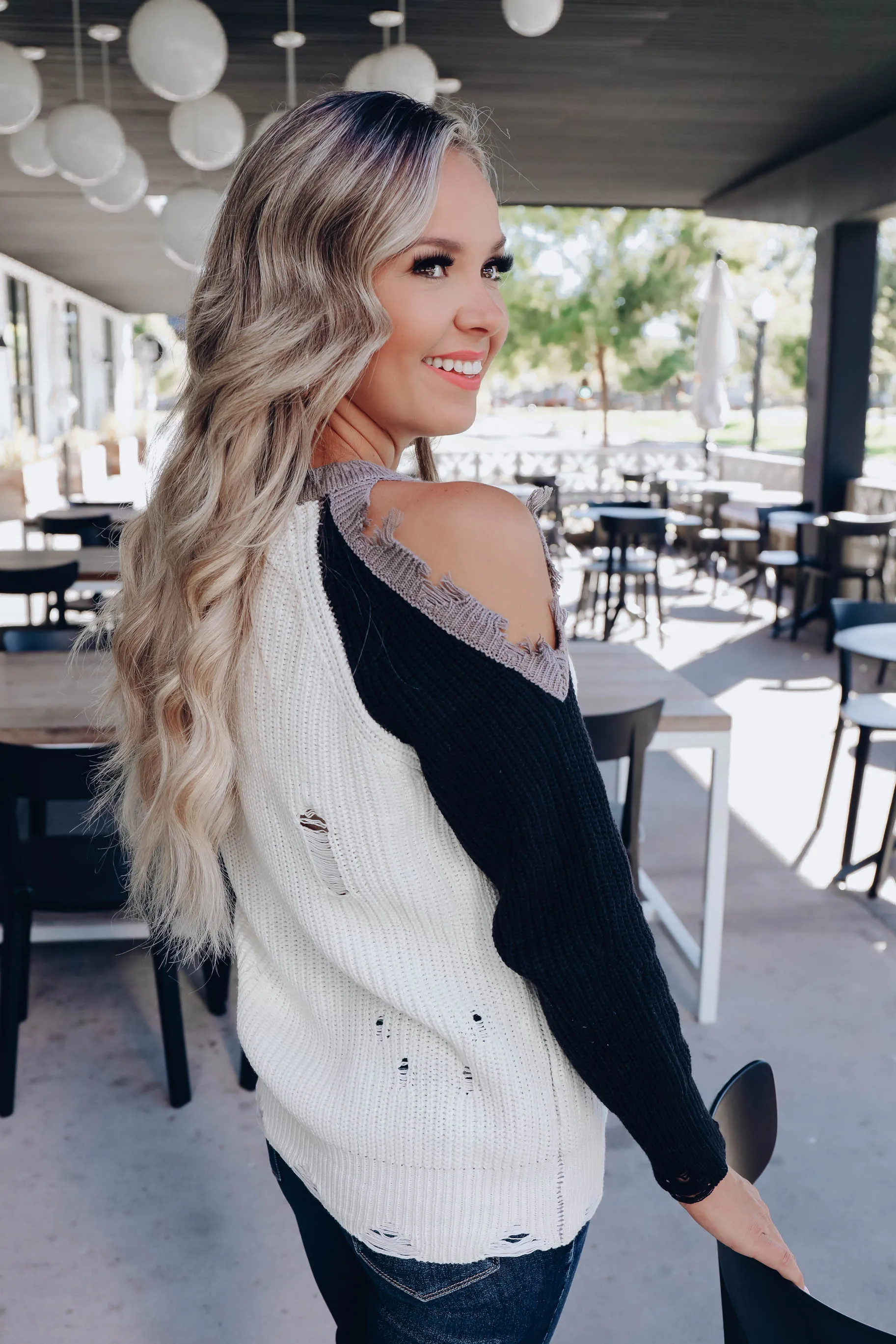 Georgie Cold-Shoulder Distressed Sweater - Grey