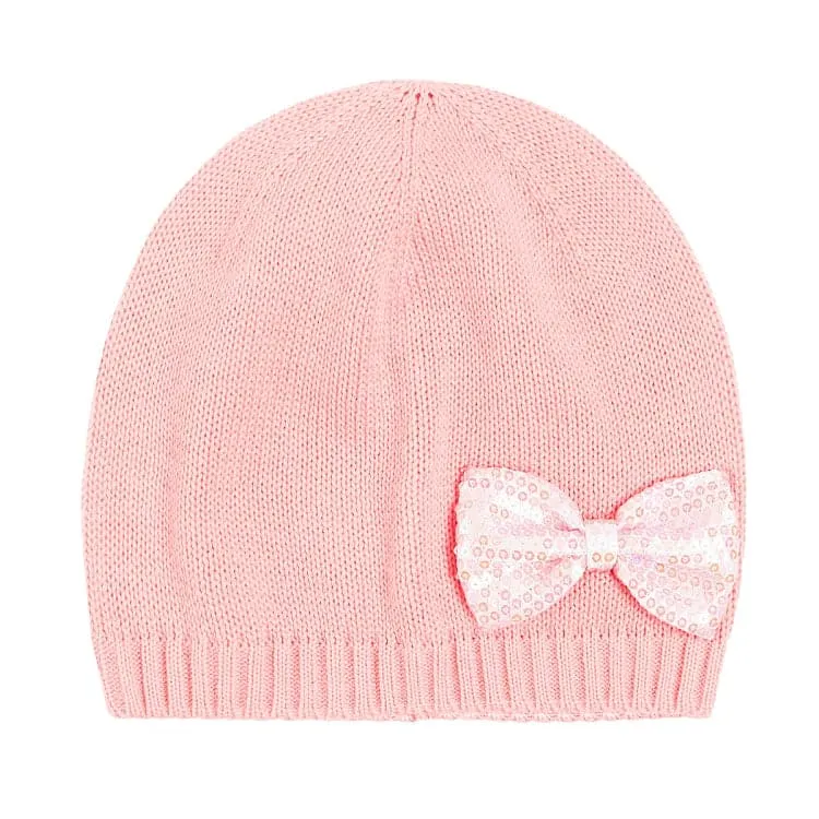 Girls Hat Pink Knit Silver Bowtie