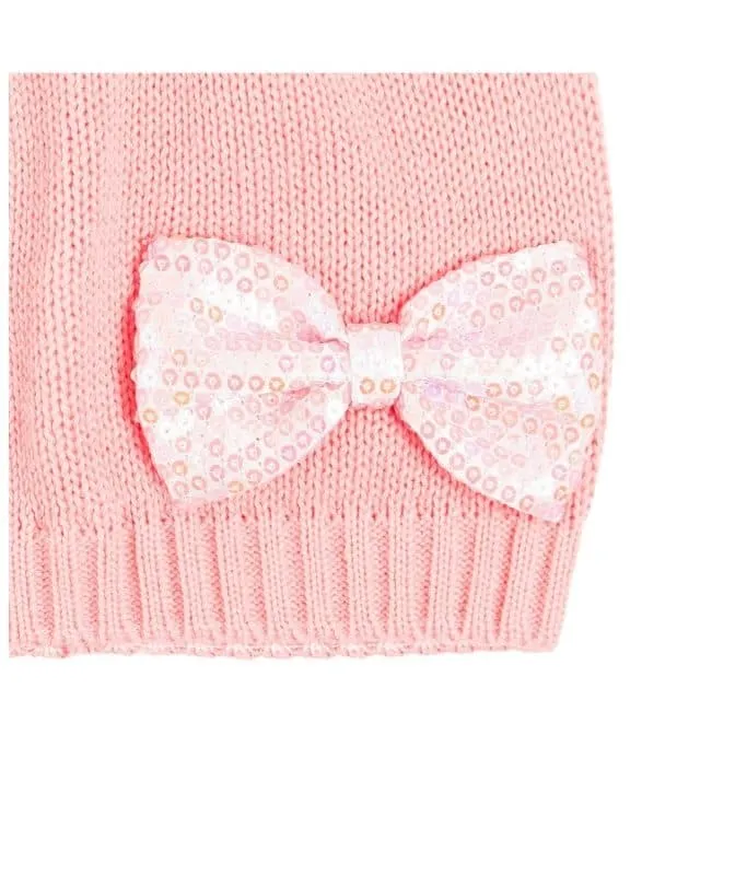 Girls Hat Pink Knit Silver Bowtie