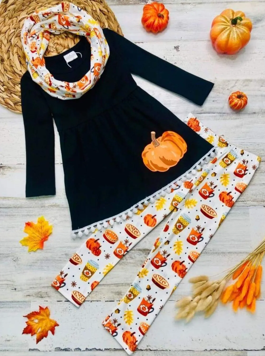 Girls Pumpkin Print Trim Hem Long Sleeve Tunic, Leggings And Scarf Set