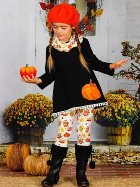 Girls Pumpkin Print Trim Hem Long Sleeve Tunic, Leggings And Scarf Set