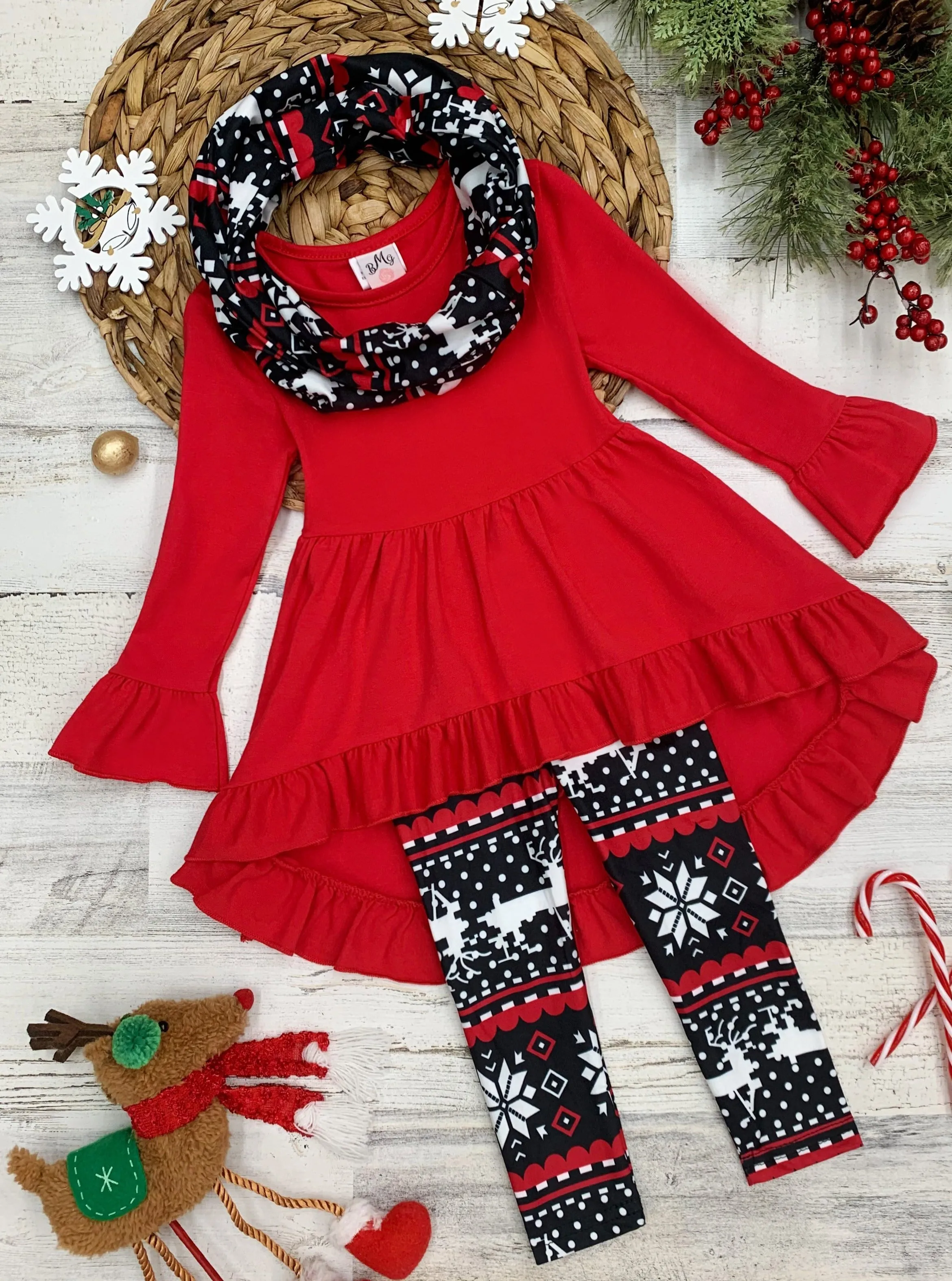 Girls Red And Black Long Sleeve Ruffled Tunic, Winter Print Leggings And Scarf Set