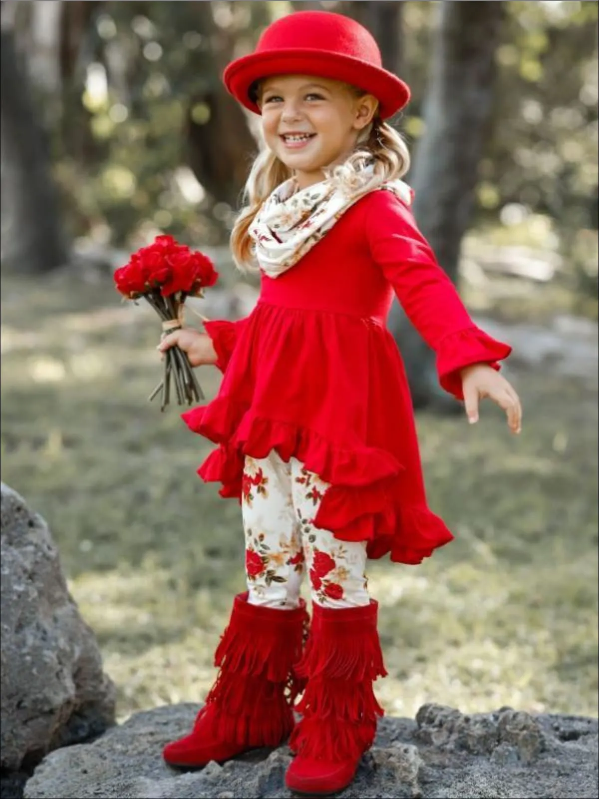 Girls Red Long Sleeve Ruffled Tunic, Floral Leggings And Scarf Set