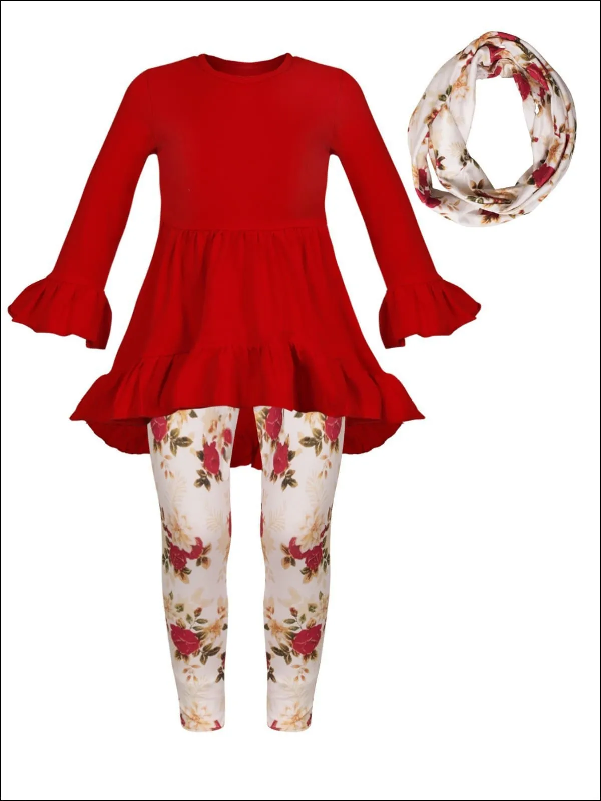 Girls Red Long Sleeve Ruffled Tunic, Floral Leggings And Scarf Set