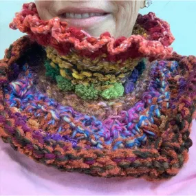 Hand knit in one piece soft infinity scarf adornment with multiple stitch and color textures. Winter scarf.