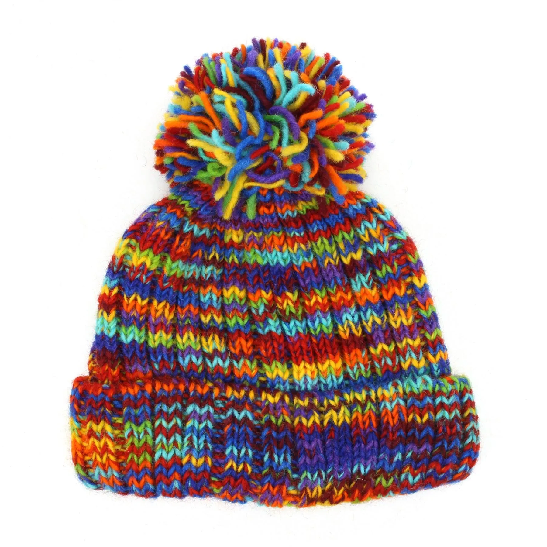 Hand Knitted Wool Beanie Bobble Hat - SD Rainbow 1