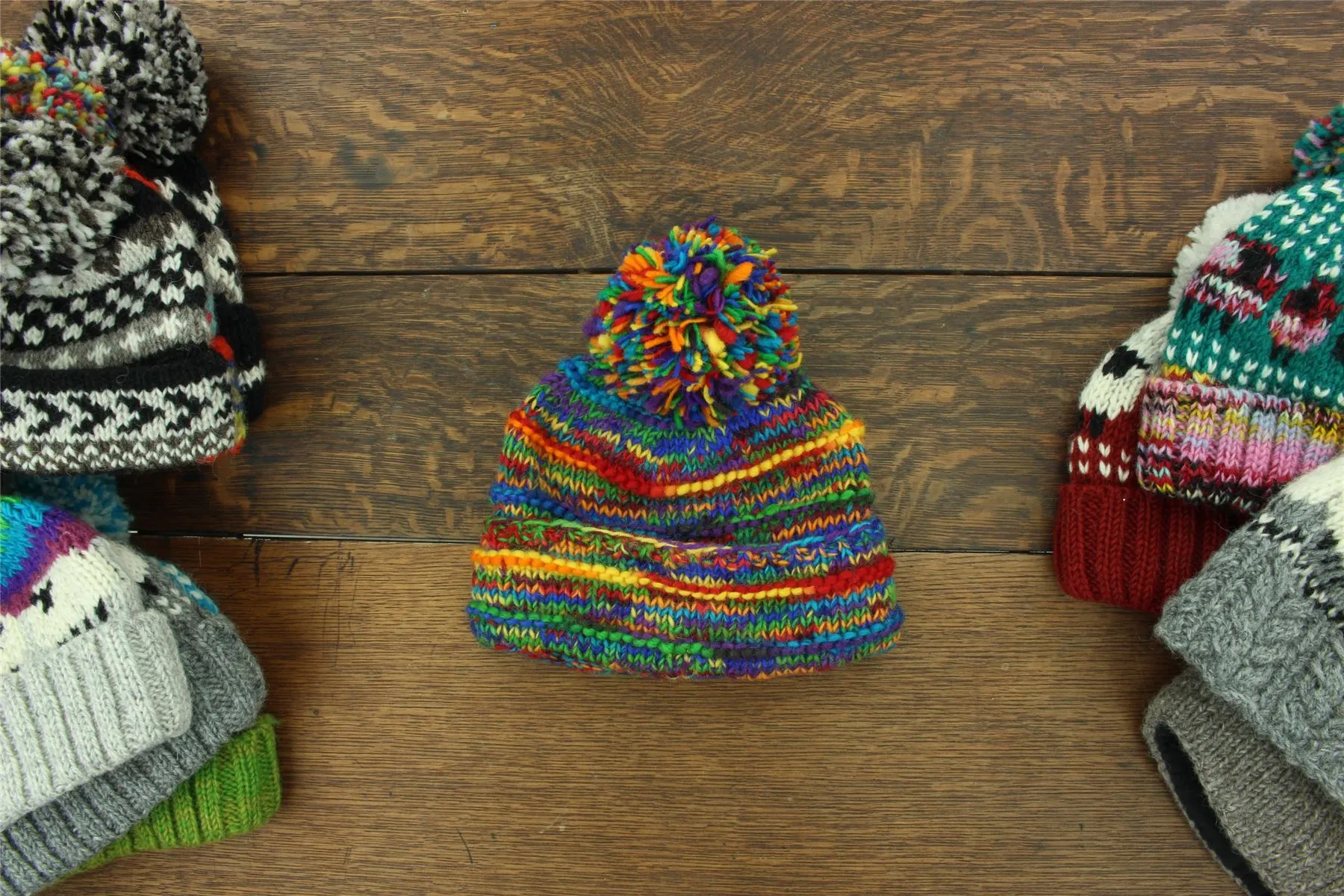 Hand Knitted Wool Beanie Bobble Hat - SD Rainbow 1