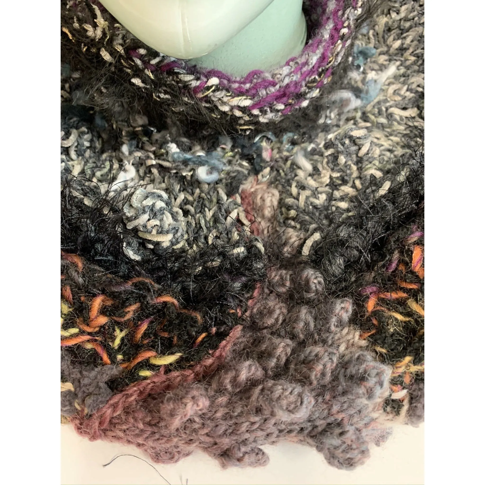 Handknit circular neck scarves in many colors and knit stitches to lend lots of textures and warmth