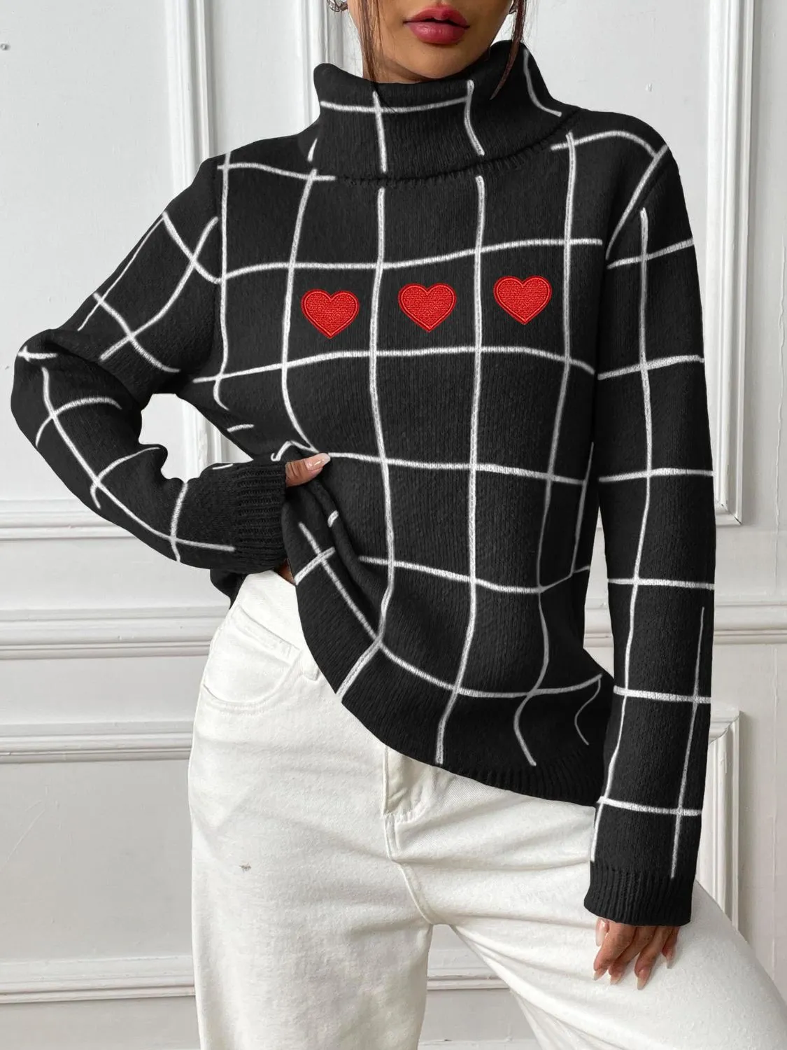 Heart Plaid Turtleneck Long Sleeve Sweater