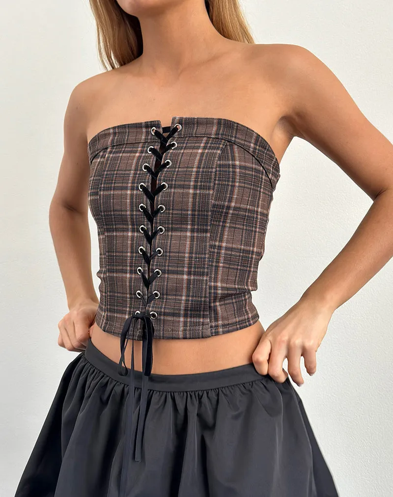 Heska Lace Front Corset Top in Brown Check