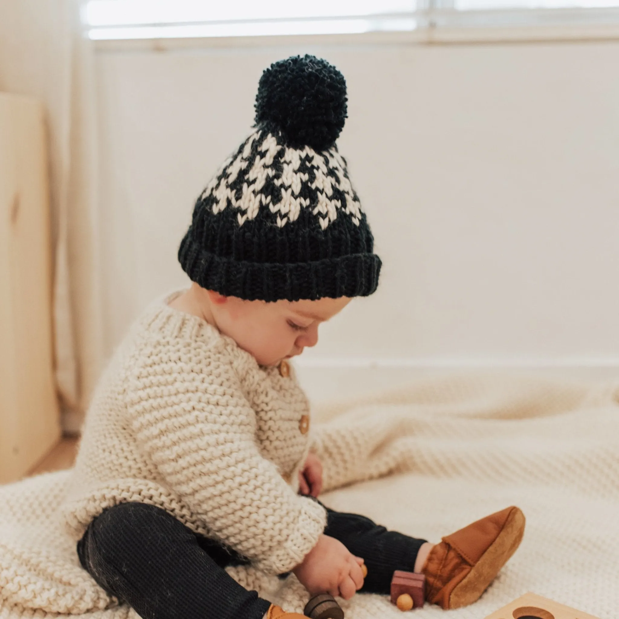 Houndstooth Hand Knit Beanie Hat