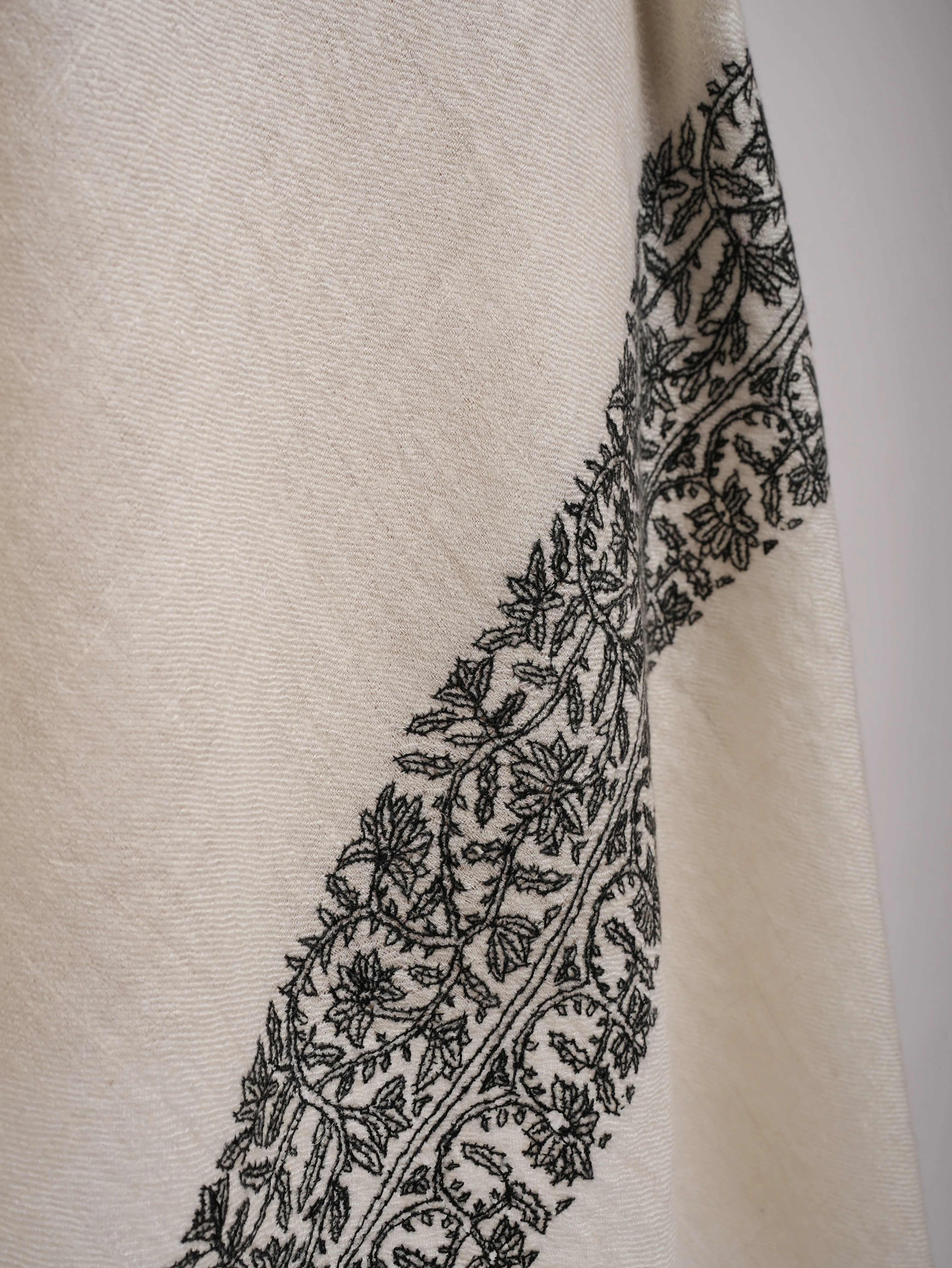 Ivory Cashmere Scarf in Black Sozni Embroidery