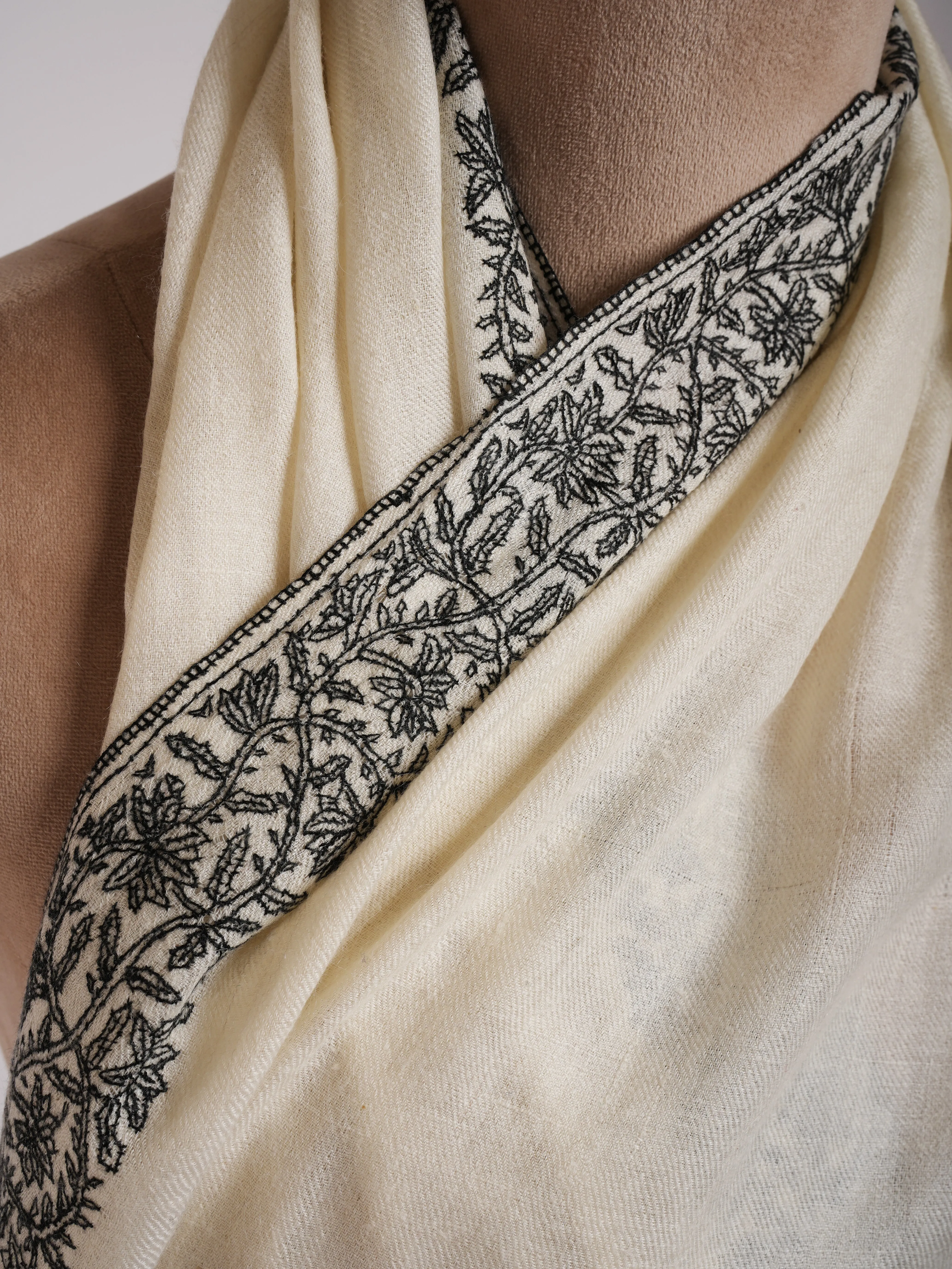 Ivory Cashmere Scarf in Black Sozni Embroidery