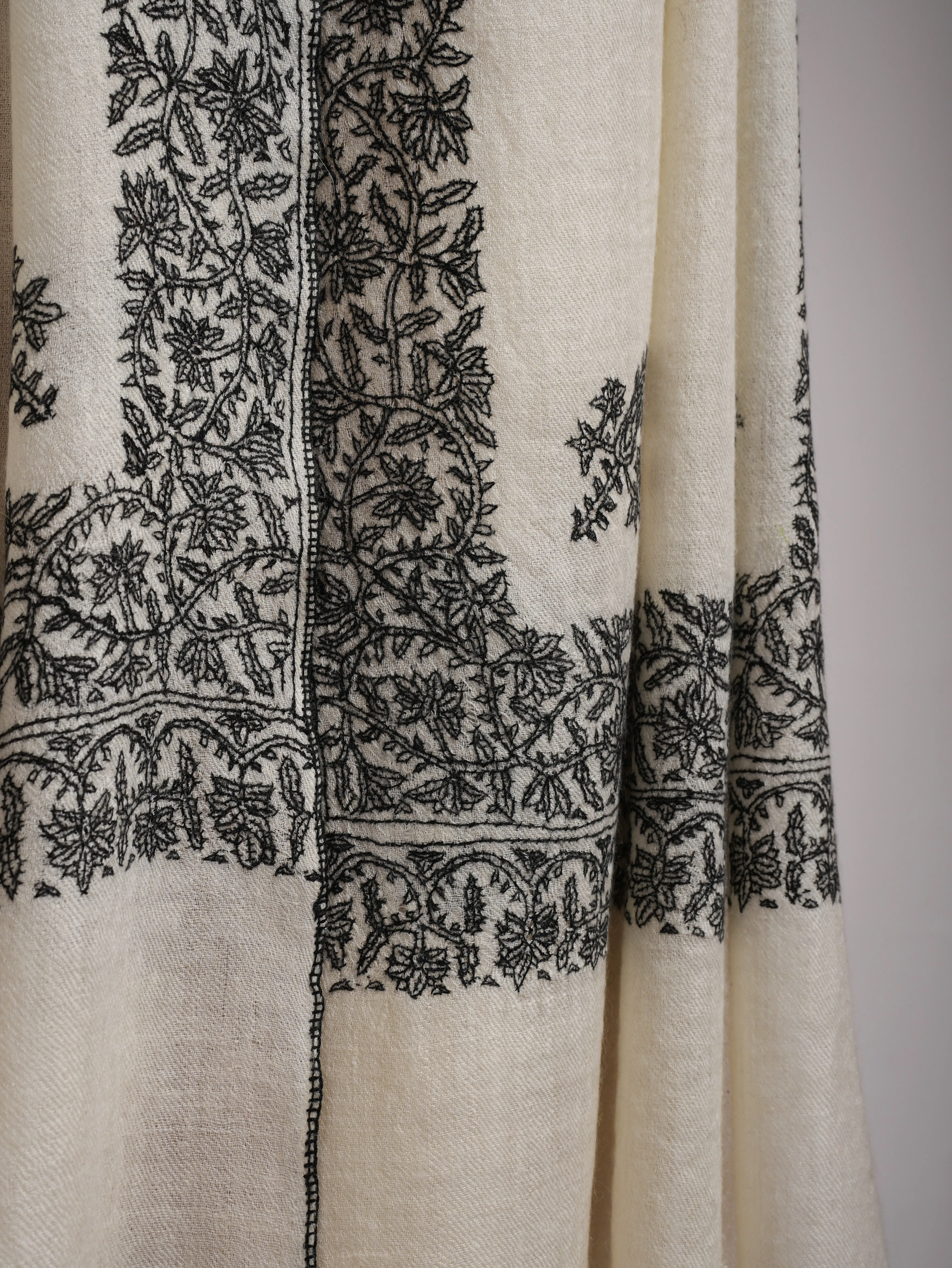 Ivory Cashmere Scarf in Black Sozni Embroidery