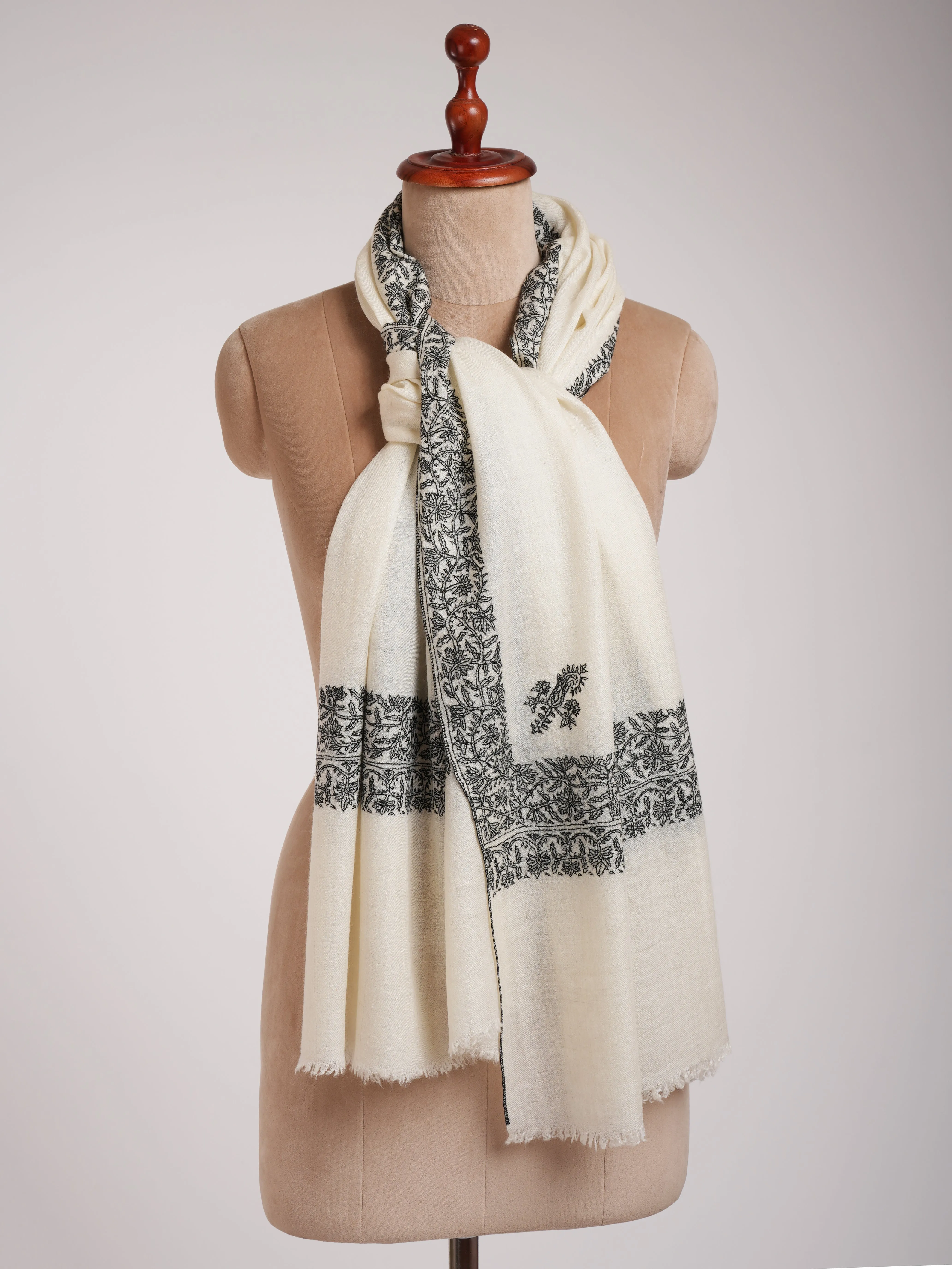 Ivory Cashmere Scarf in Black Sozni Embroidery