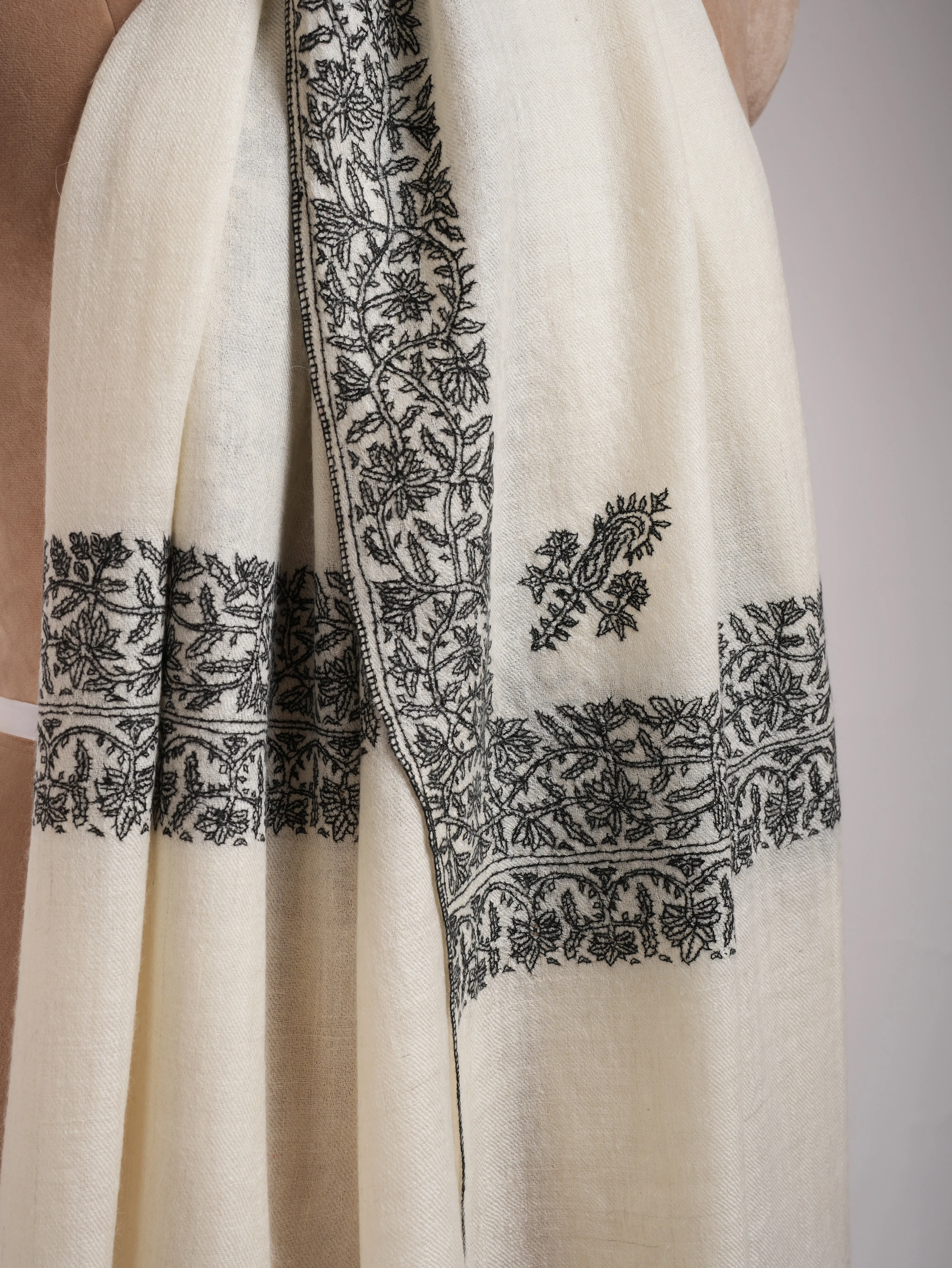 Ivory Cashmere Scarf in Black Sozni Embroidery