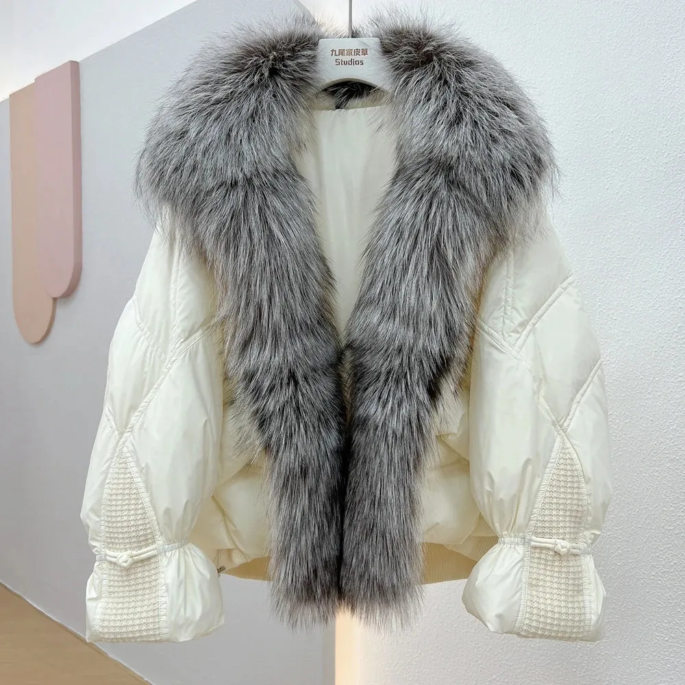 Janveny Natural Silver Fox Fur Collar Jacket