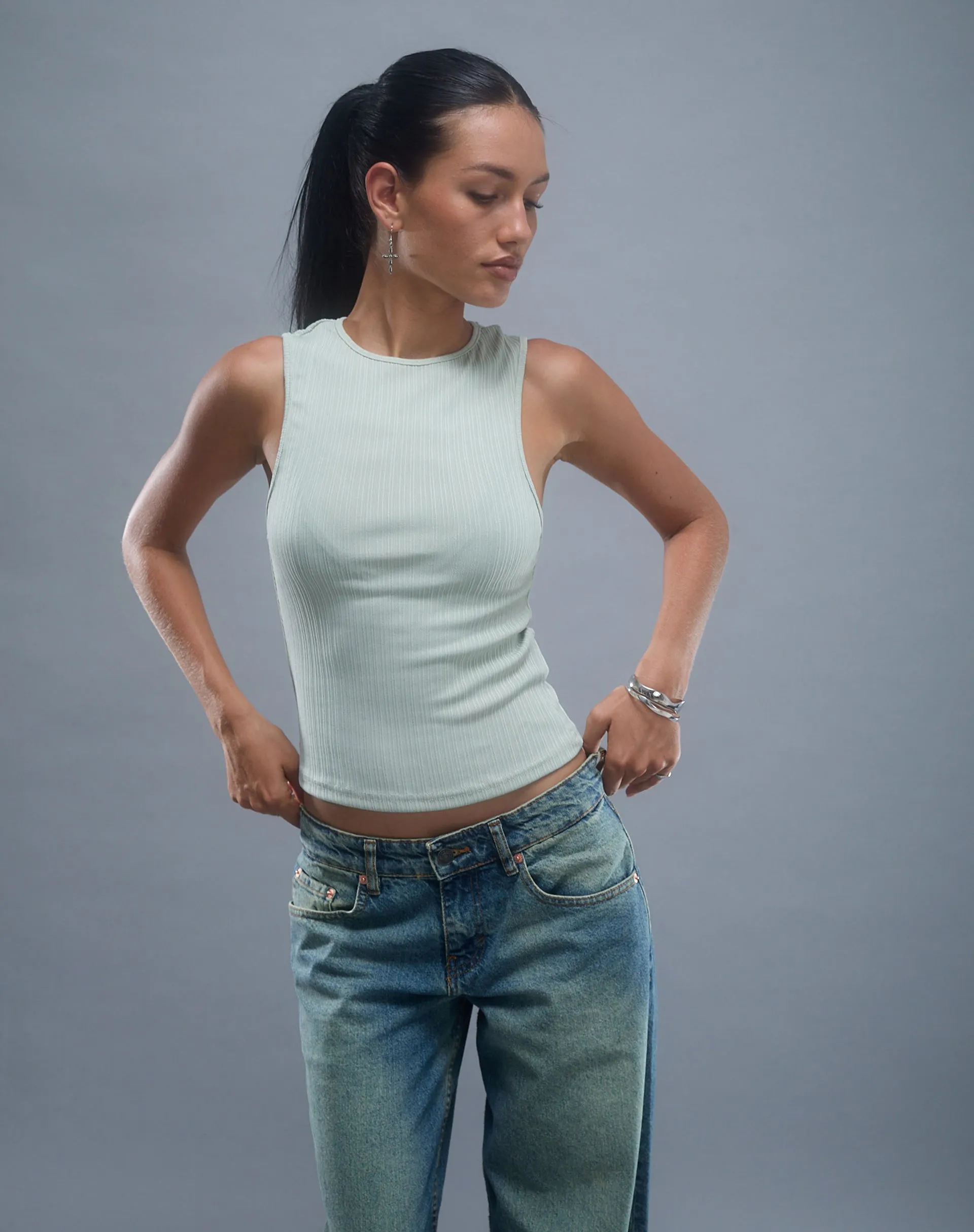 Jordin High Neck Jersey Top in Ribbed Mint