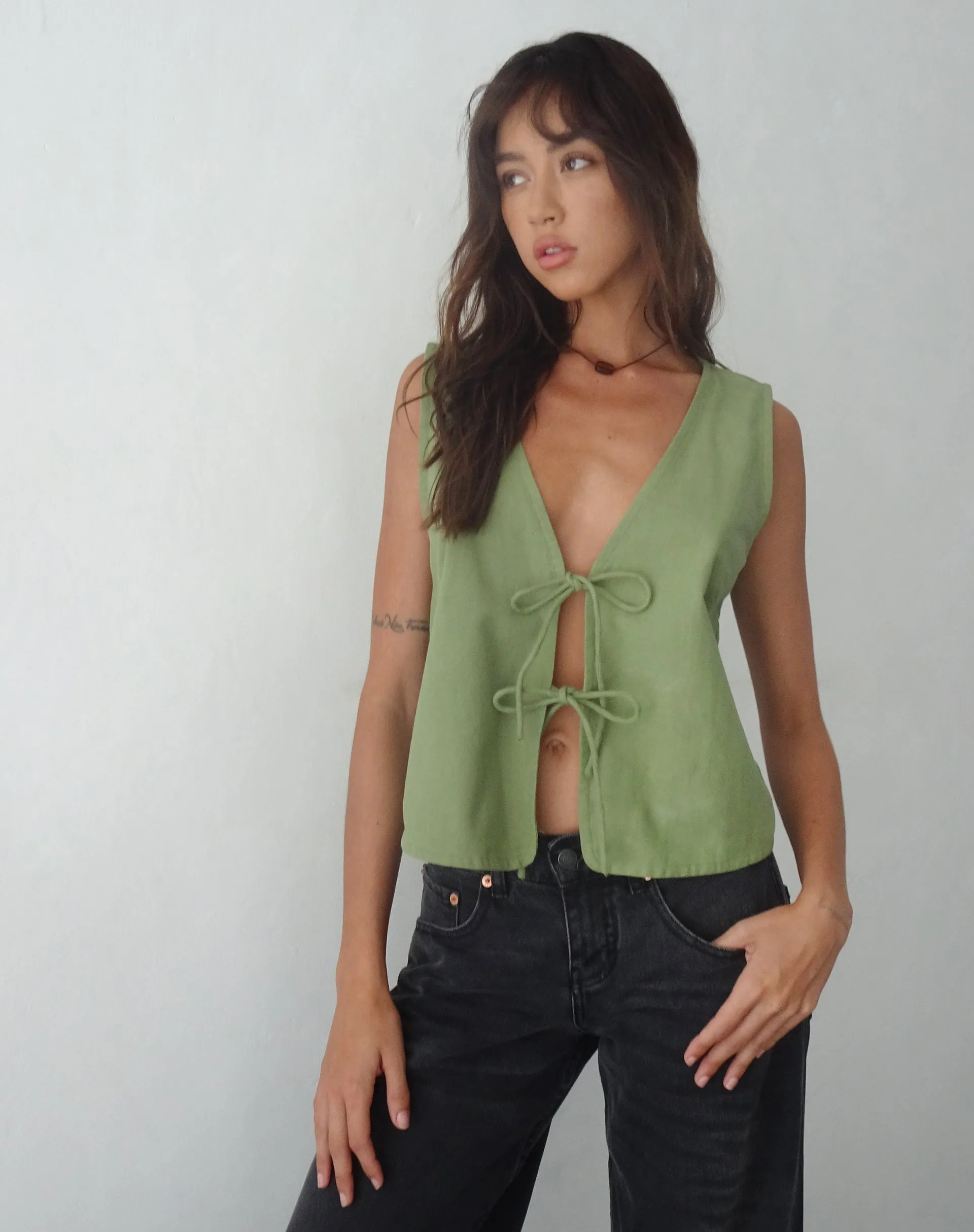 Kayve Tie Front Top in Dark Sage