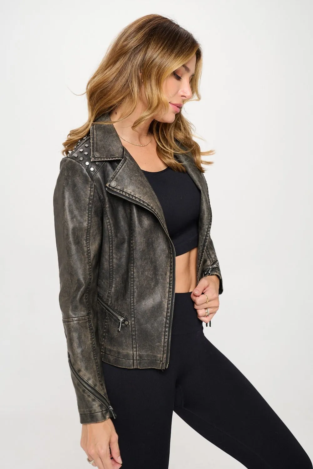 KESLEY Washed out Vegan Leather Studded Classic Moto Faux Leather Jacket