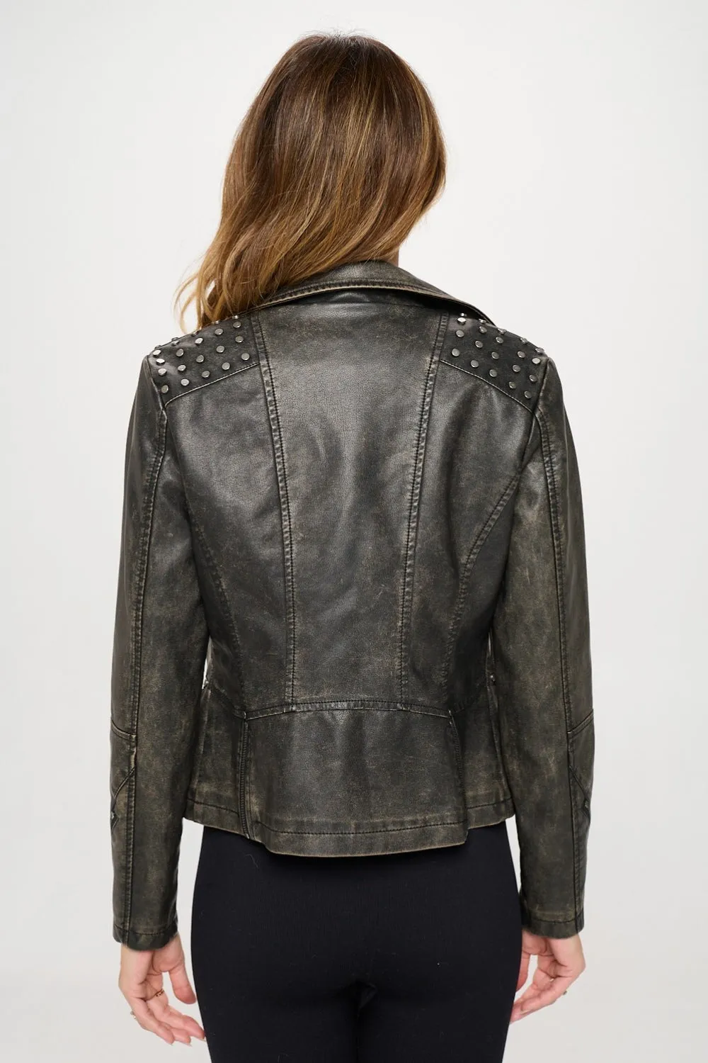 KESLEY Washed out Vegan Leather Studded Classic Moto Faux Leather Jacket