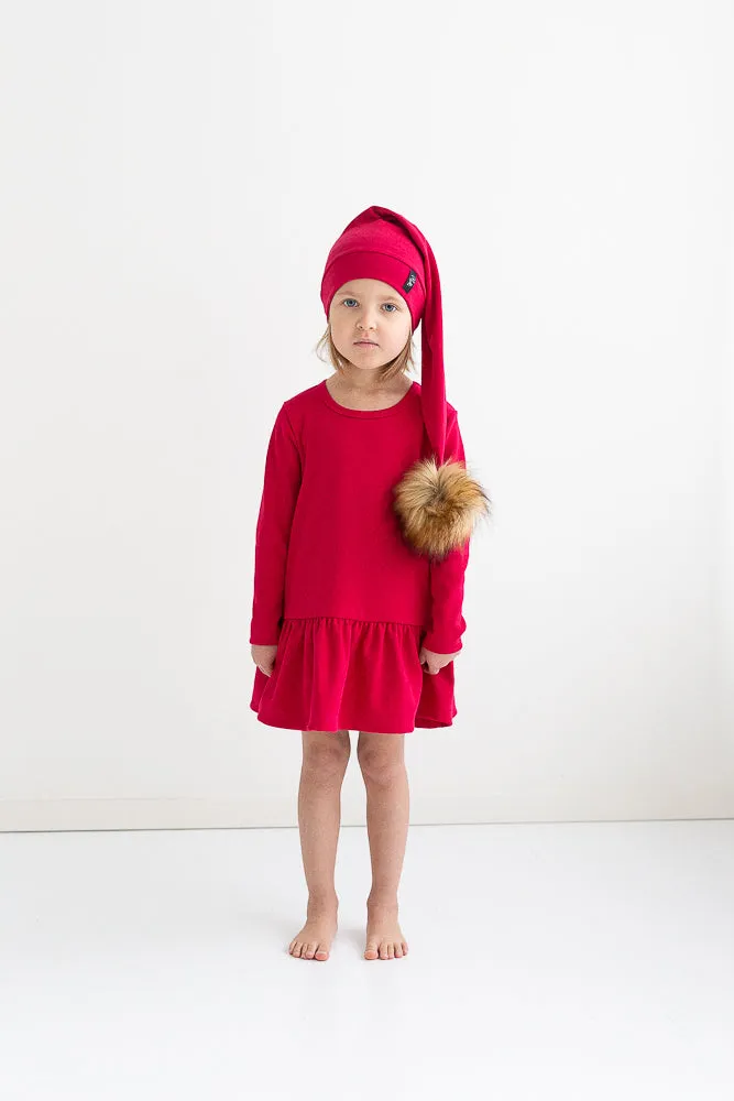 Kids' Christmas Elf Hat With Faux Fur Tassel Red