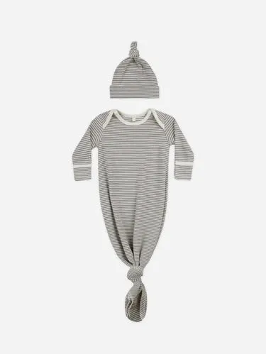 Knotted Baby Gown w/ Hat Set - Lagoon Micro Stripe *ONE LEFT*