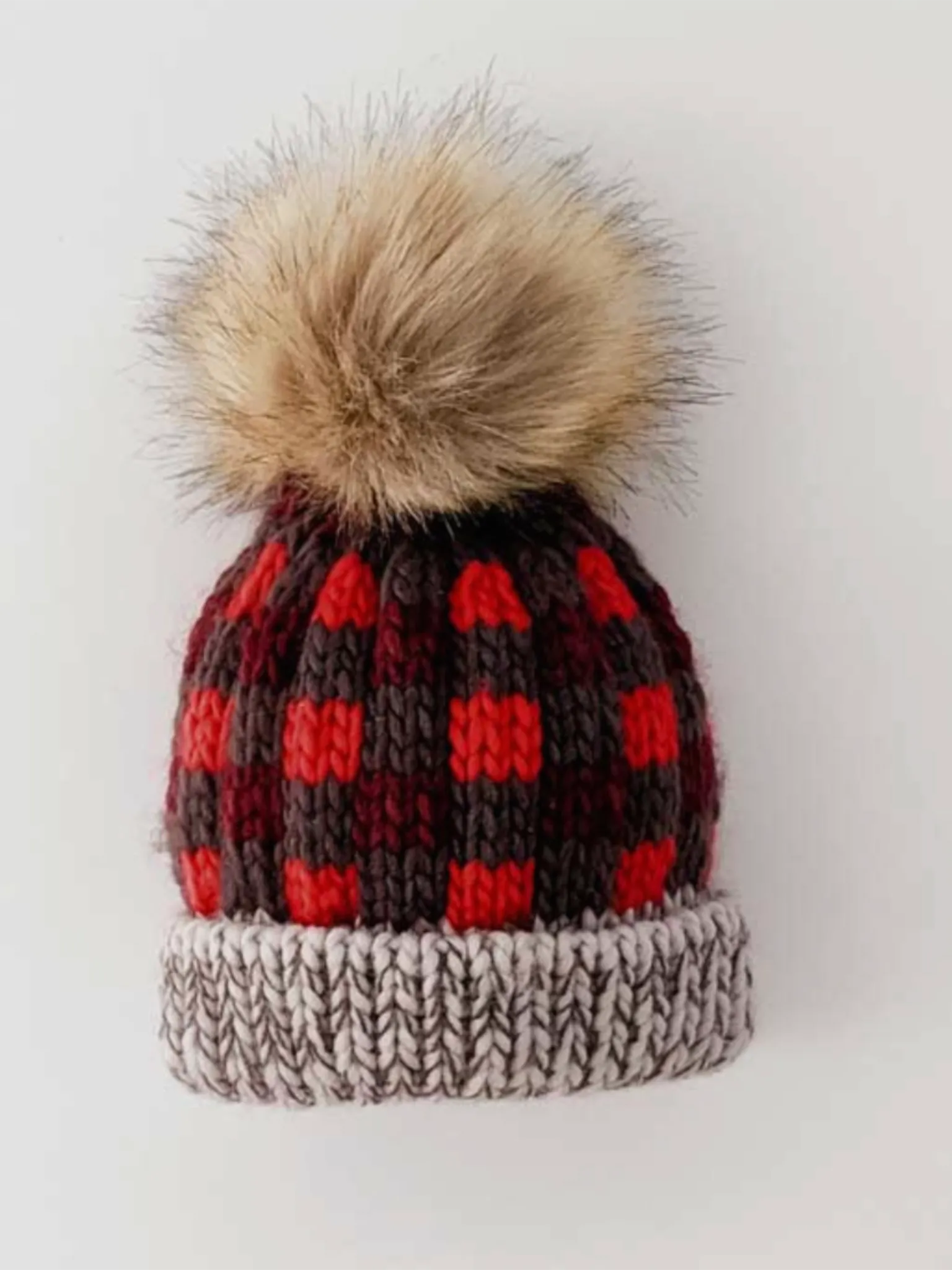 Littles Buffalo Plaid Pom Beanie - Red