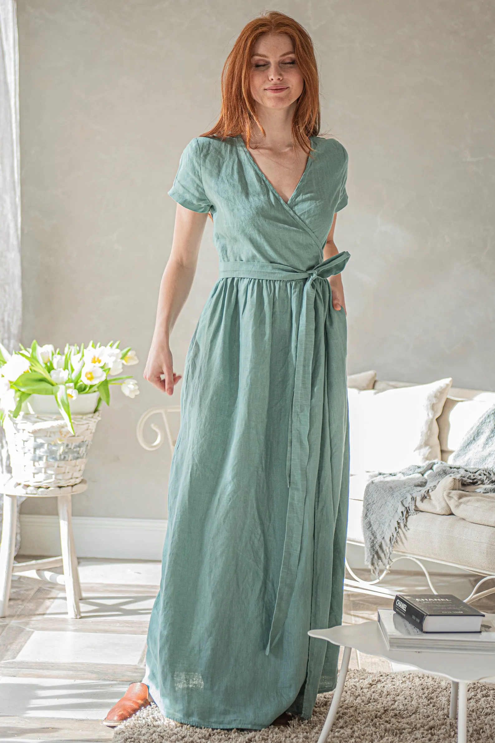 Long Linen Wrap Dress