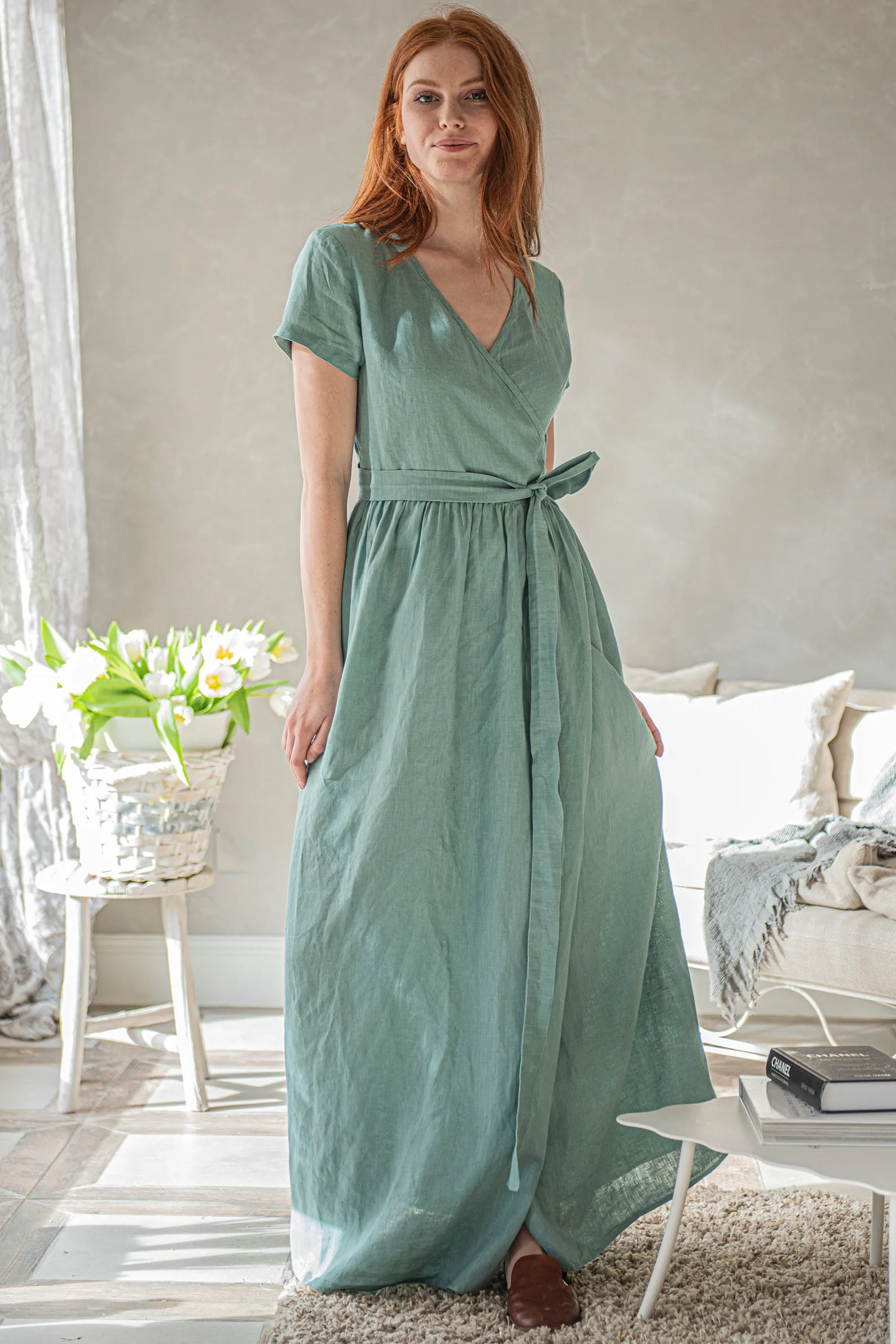 Long Linen Wrap Dress