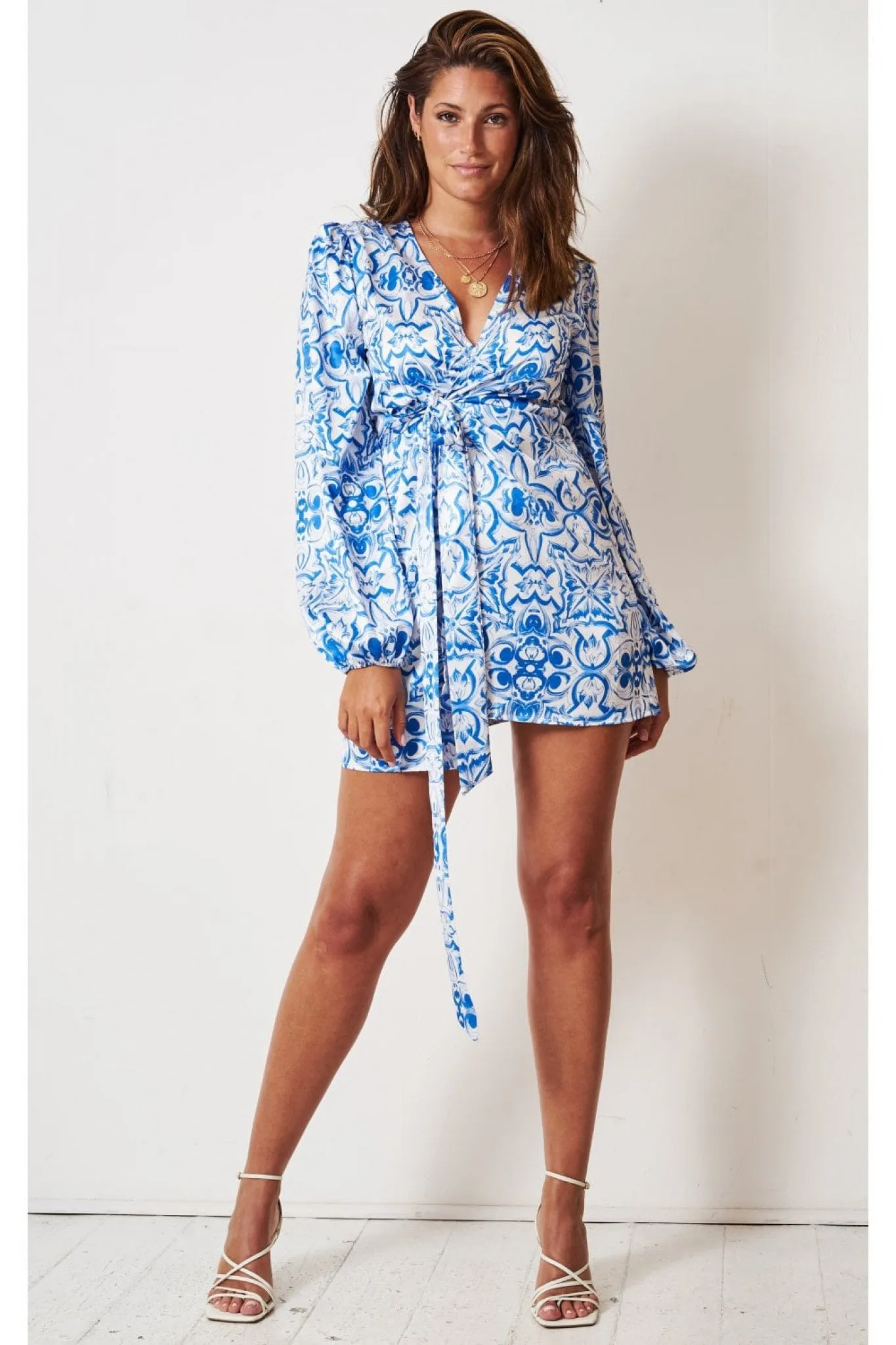 Love Frontrow Blue Porcelain Tile Mini Wrap Dress