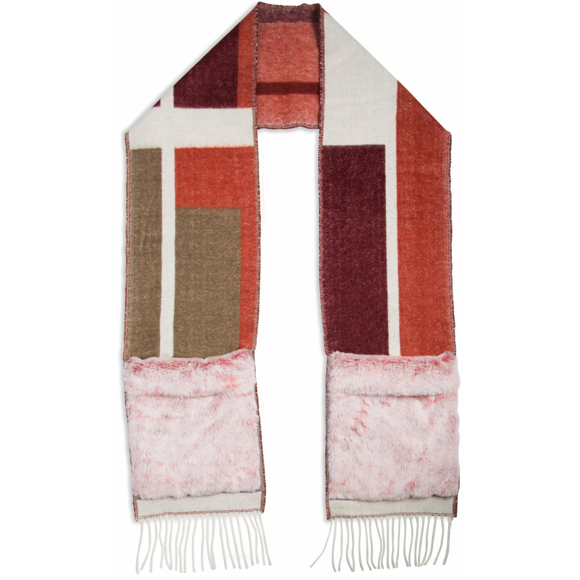 Maroon & Tan 71" Brushed Acrylic Faux Fur Pocket Scarf