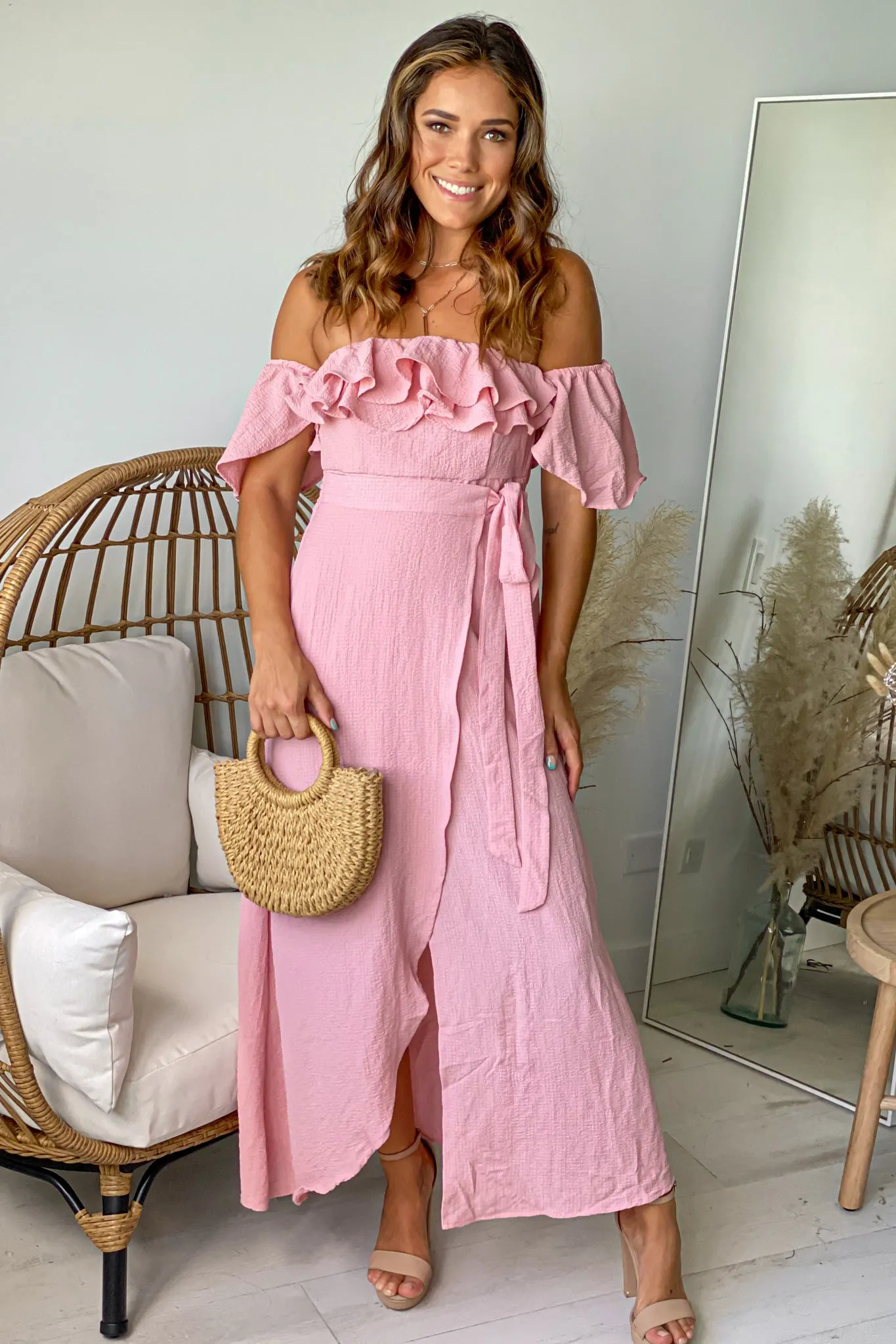 Mauve Off Shoulder Wrap Dress