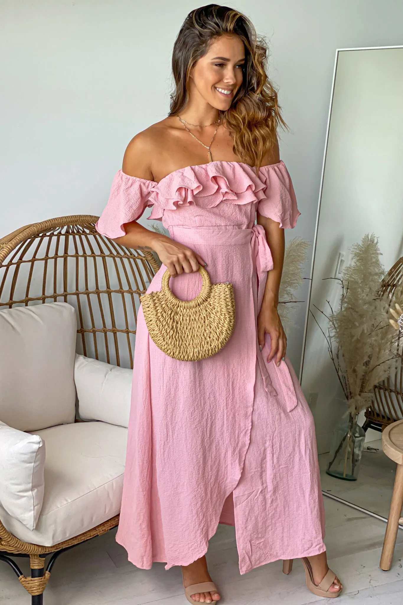 Mauve Off Shoulder Wrap Dress