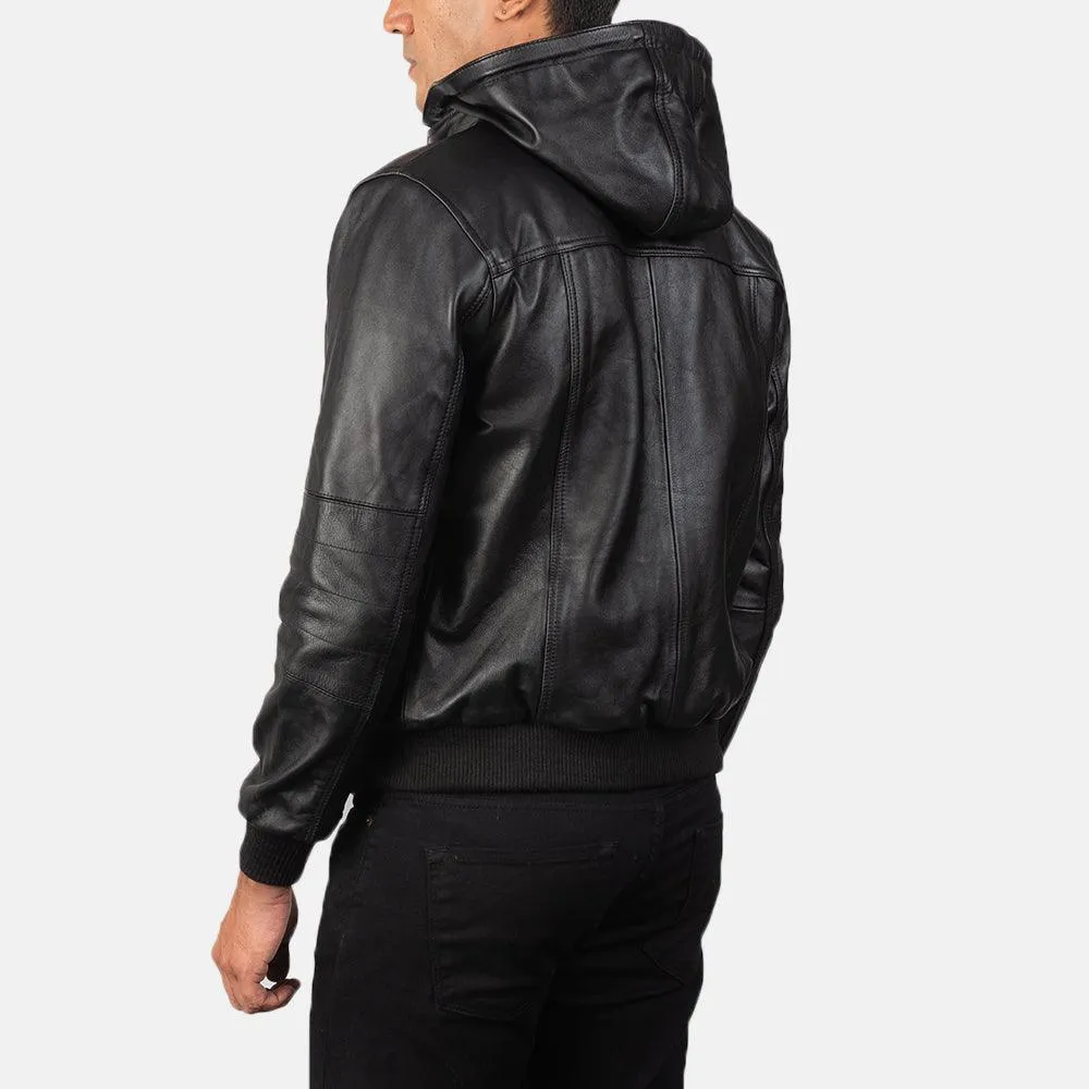 Mens Black Leather Hooded Jacket