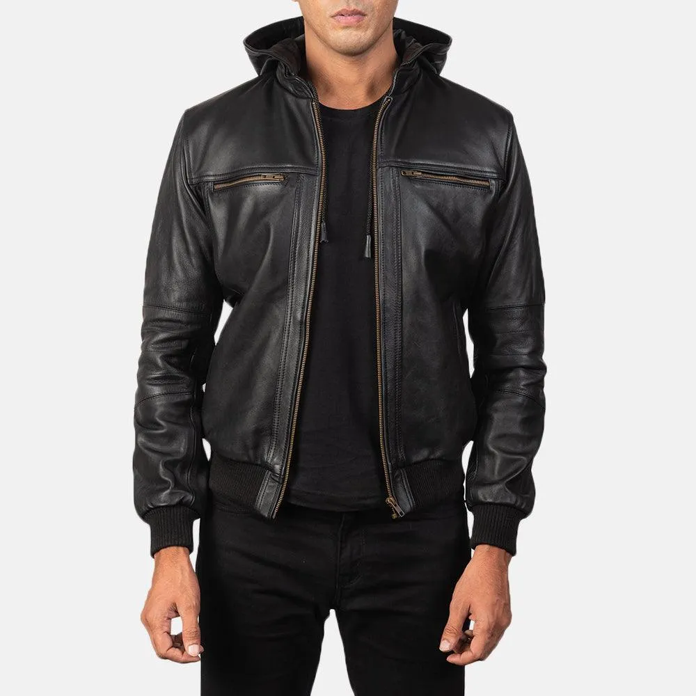 Mens Black Leather Hooded Jacket