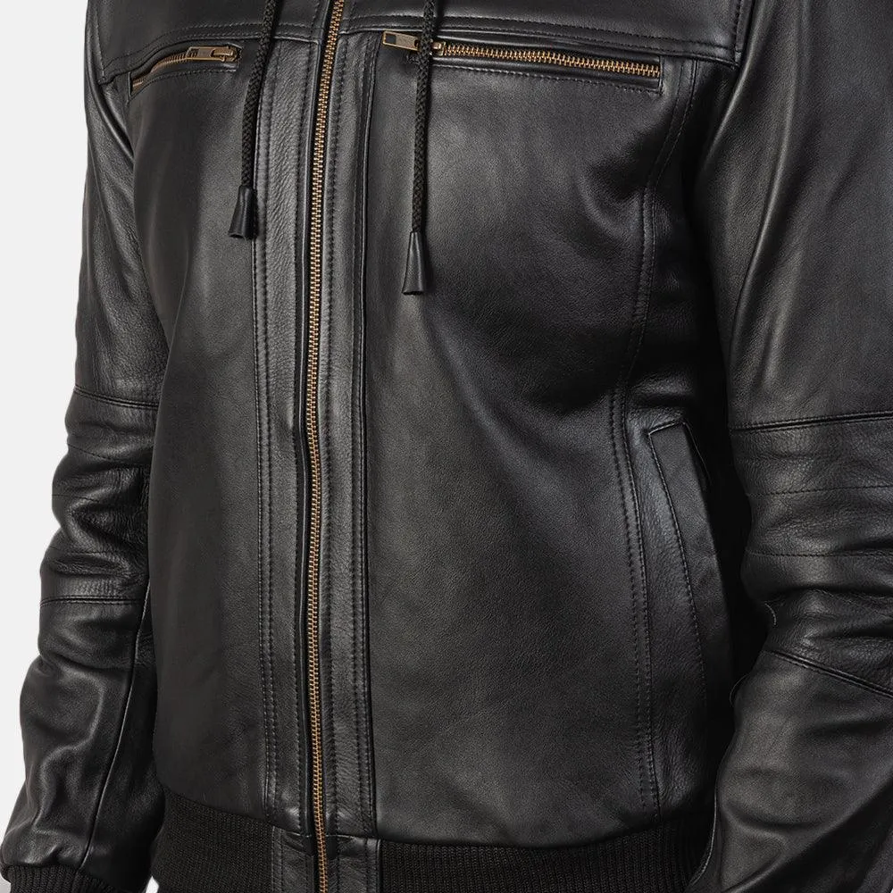 Mens Black Leather Hooded Jacket