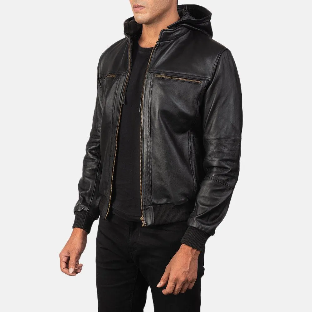 Mens Black Leather Hooded Jacket