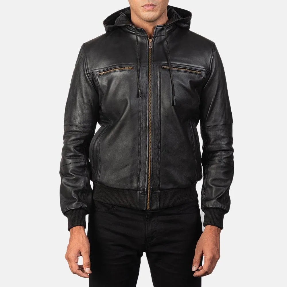 Mens Black Leather Hooded Jacket