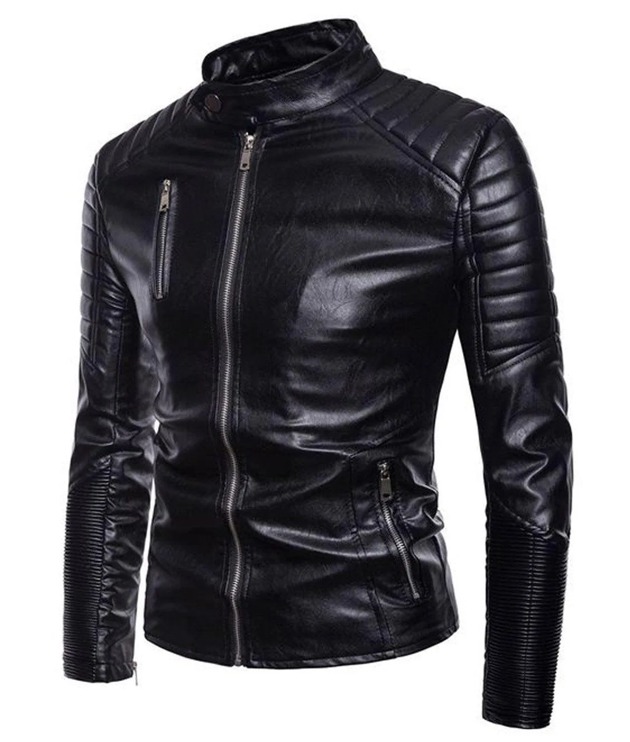 Mens Black Leather Motorcycle Jacket Slim Fit Multi Zip