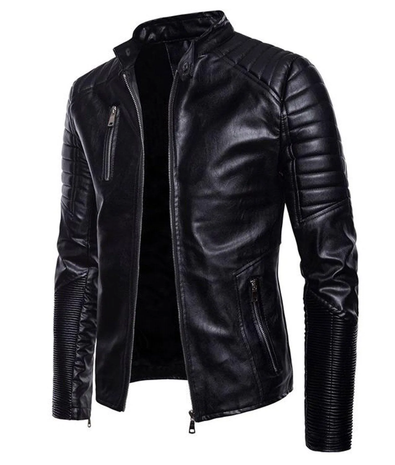 Mens Black Leather Motorcycle Jacket Slim Fit Multi Zip