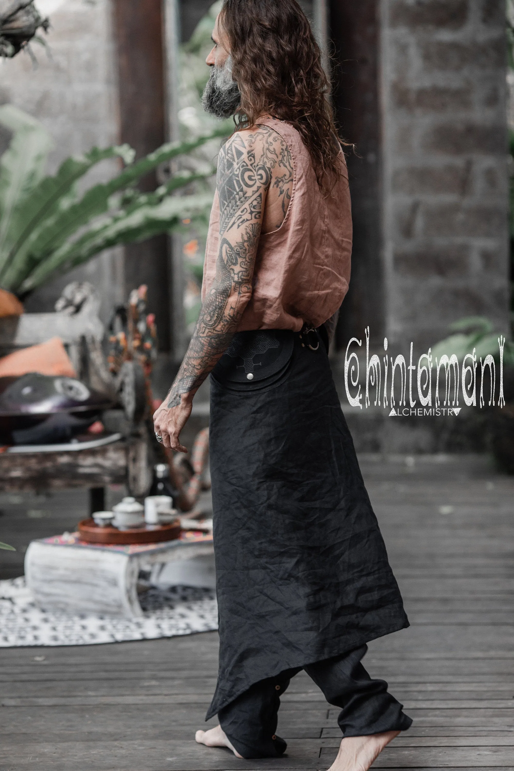 Mens Linen Wrap Pants with Skirt Overlay and Pocket Belt / Black