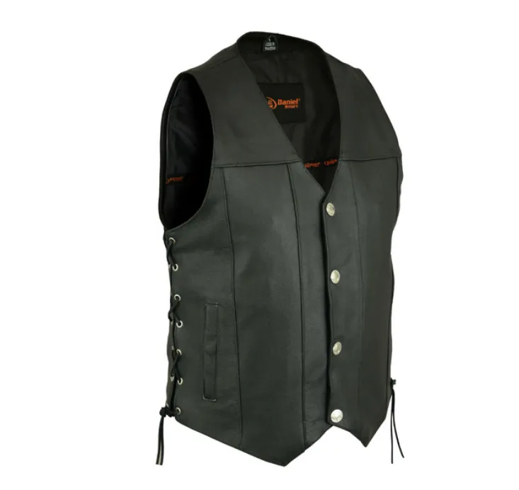 Mens Motorcycle Vest Buffalo Nickel Head Snaps Solid Back With Gun Pockets Side Laces