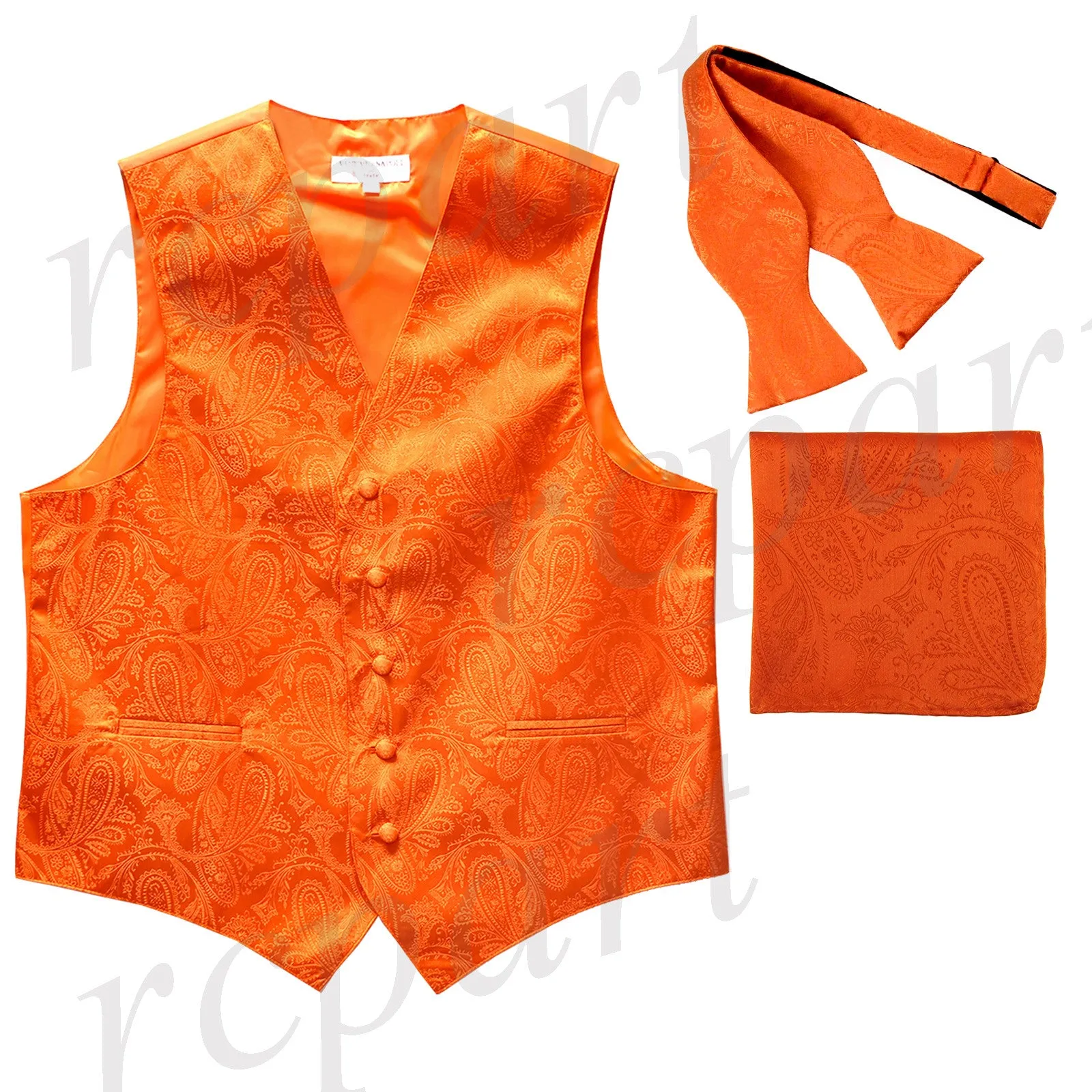 Men's paisley Tuxedo VEST Waistcoat_self tie bowtie & hankie set orange