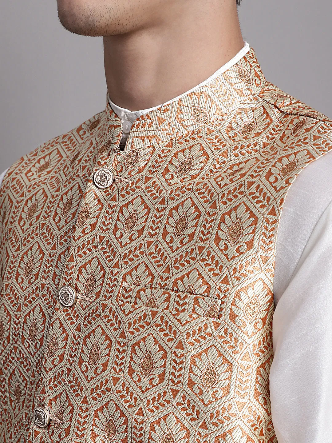 Men'S Peach And Golden Woven Design Nehru Jacket